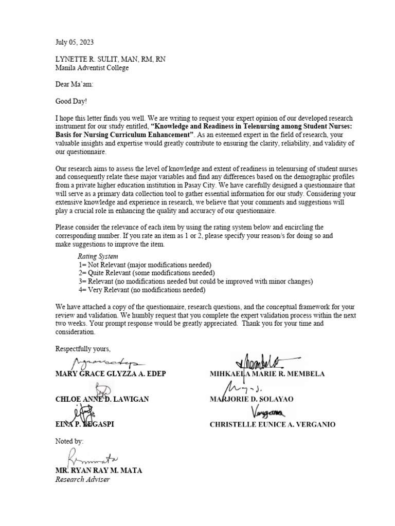 Maam sulit telenursing validation letter pdf nursing patient