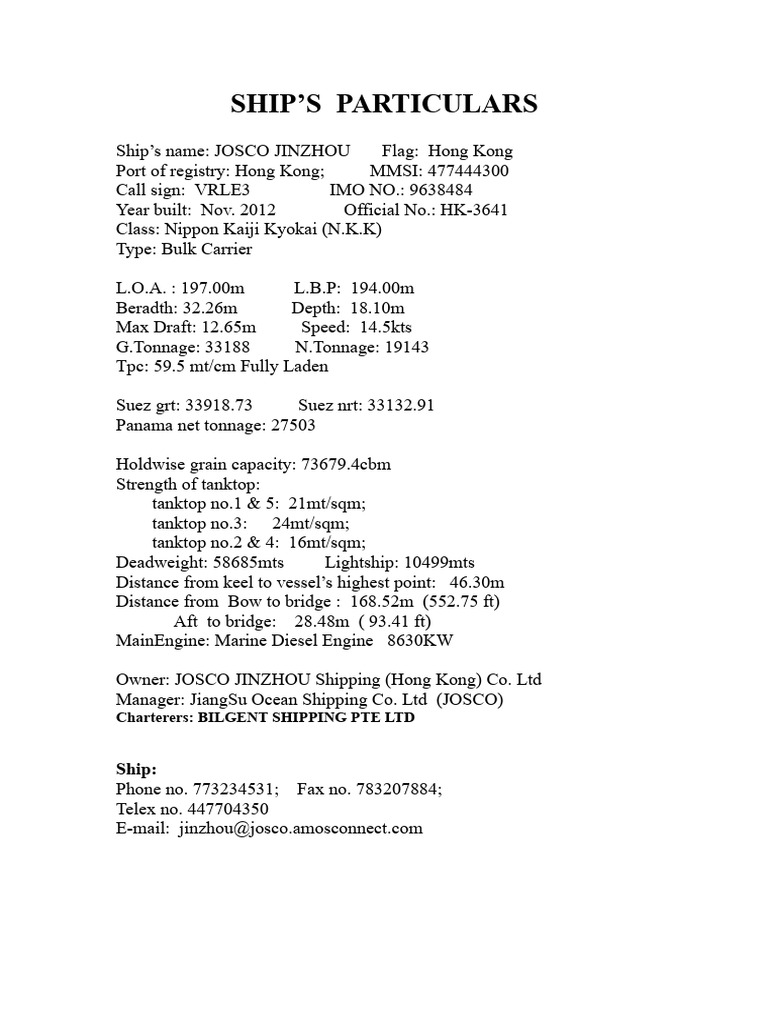 JOSCO JINZHOU Ship Specifications | PDF