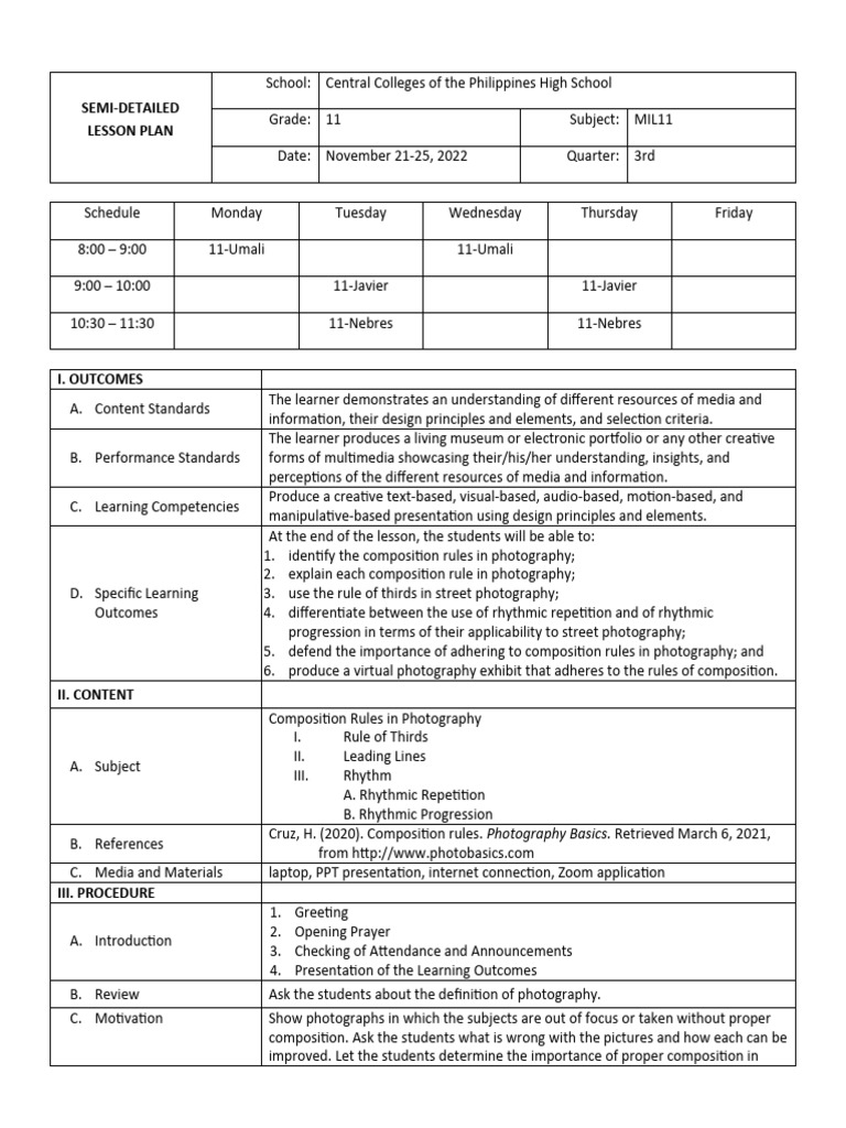 OBE Lesson Plan: Photography Composition | PDF | Learning | Human ...