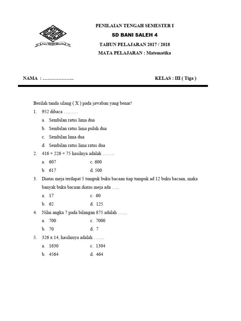 Soal Matematika Kelas 3 SD Semester 1 | PDF