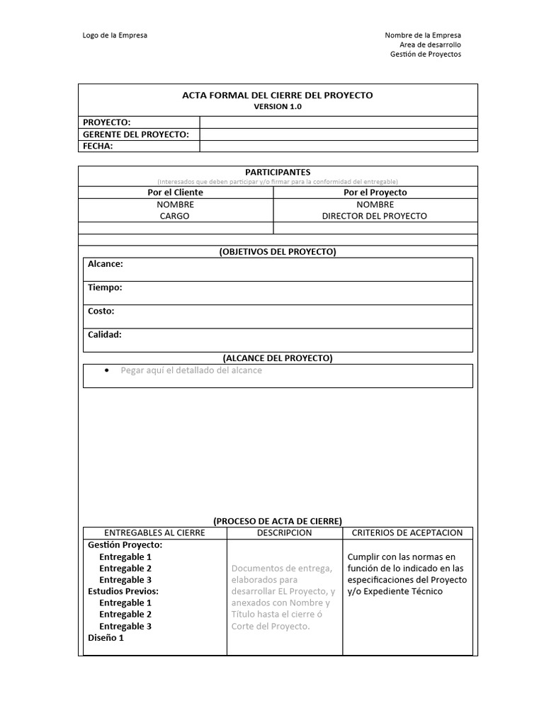 Acta Formal de Cierre de Proyecto | PDF | Gestión de proyectos | Business