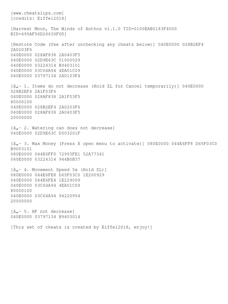 Harvest Moon Cheat Codes | PDF