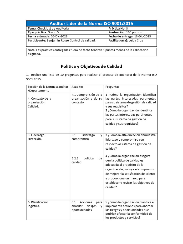 Tarea Práctica 3 Check List Auditoria Norma ISO | Descargar gratis PDF ...