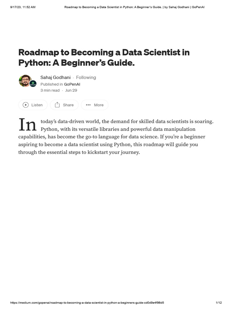 Roadmap To Becoming A Data Scientist in Python | Download Free PDF ...