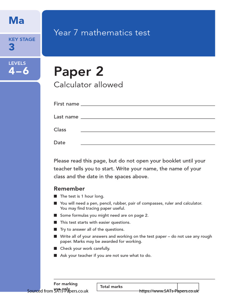 Year 7 Maths Test Paper 2 Guide | PDF