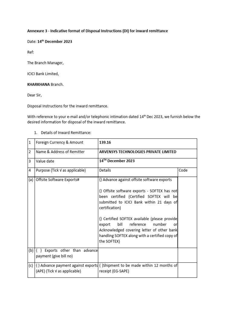 Disposal Instructions for Inward Remittance | PDF