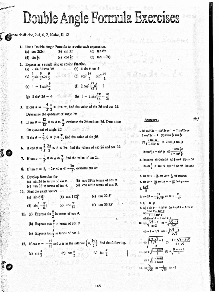 Double Angle Formula Extra Exercises With Solution | PDF