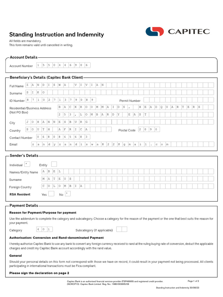 Capitec Bank Standing Instruction Form | PDF | Securities (Finance) | Loans