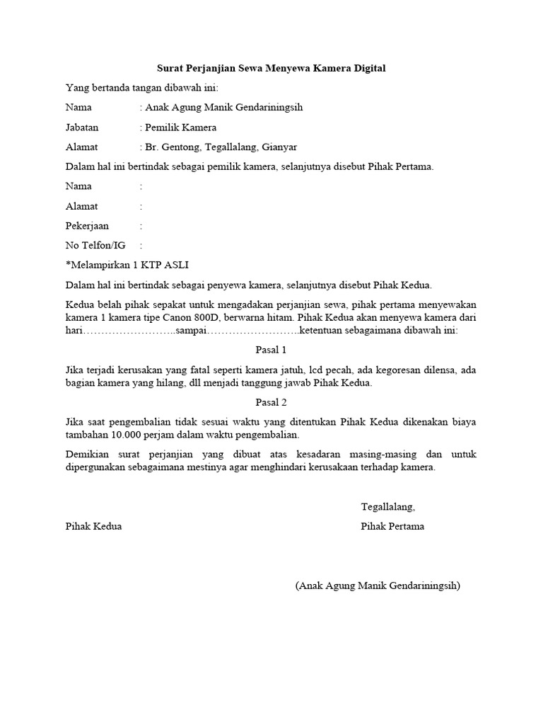 Surat Perjanjian Sewa Menyewa Kamera Dig | PDF