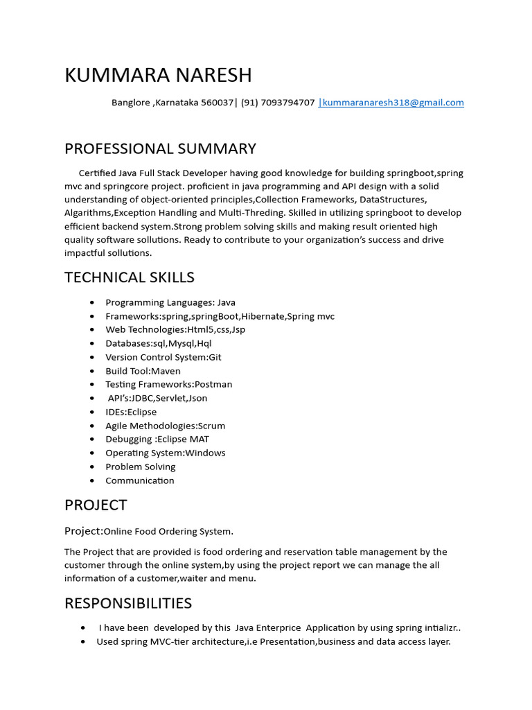 Java Full Stack Developer Resume | PDF