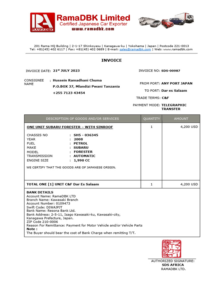 Invoice Subaru Forester PDF