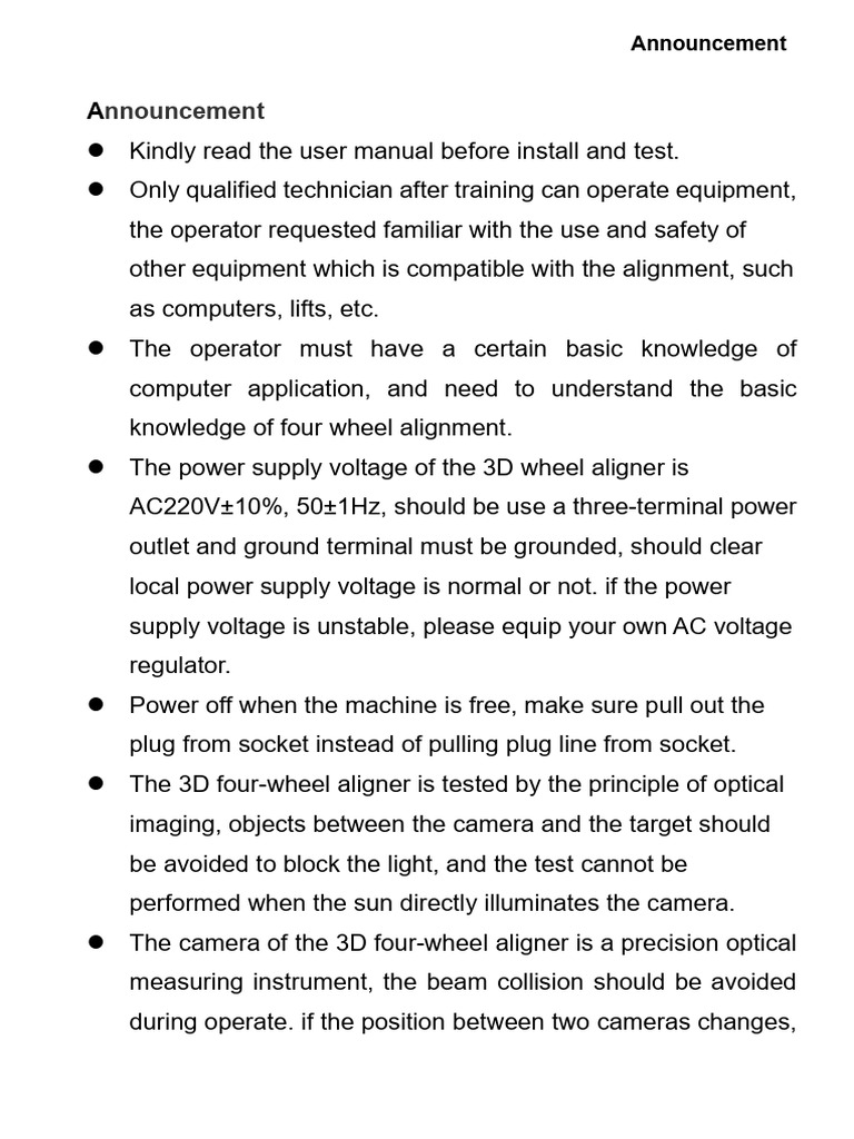 Hunter D111 Alignment Machine Manual | PDF | Camera | Elevator