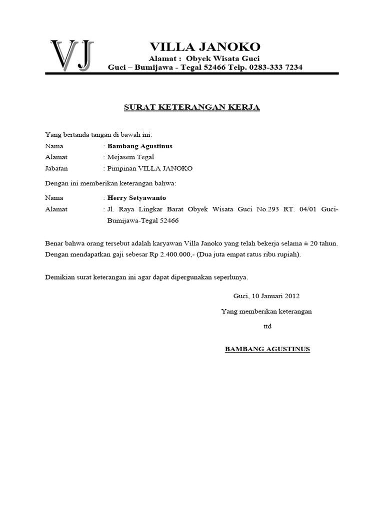 SRT Ket Kerja Villa Janoko | PDF