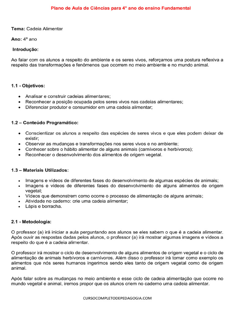Plano de Aula de Ciencias para 4° Ano Do Ensino Fundamental | PDF