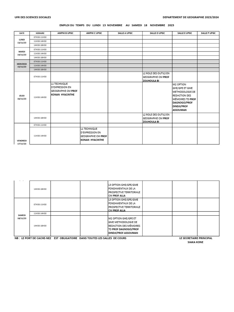 Emploi du temps UPGC 13-18 novembre 2023 | PDF | Géographie