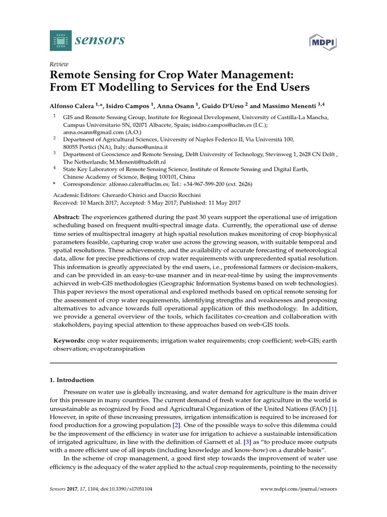 Crop Water Management via Remote Sensing | PDF | Remote Sensing ...