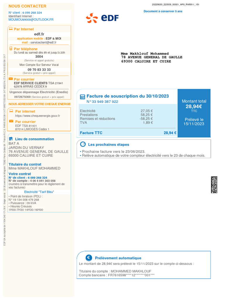 Exemple de Facture EDF 2023 PDF | PDF
