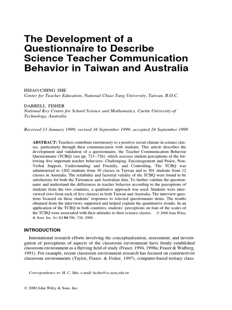 Science Education 2000 She The Development Of A Questionnaire To