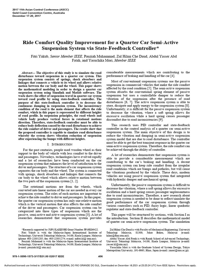 Quarter Car Suspension Vibration Control | PDF | Control Theory ...