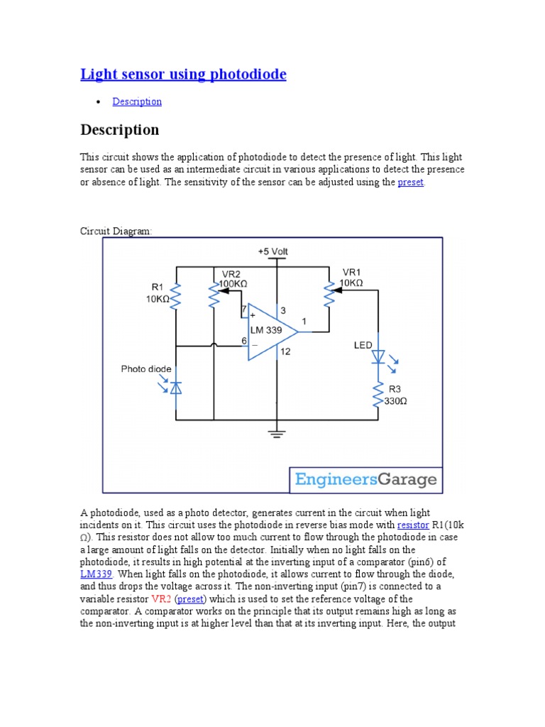 Light Sensor Using Photo Diode Circuit Diagram