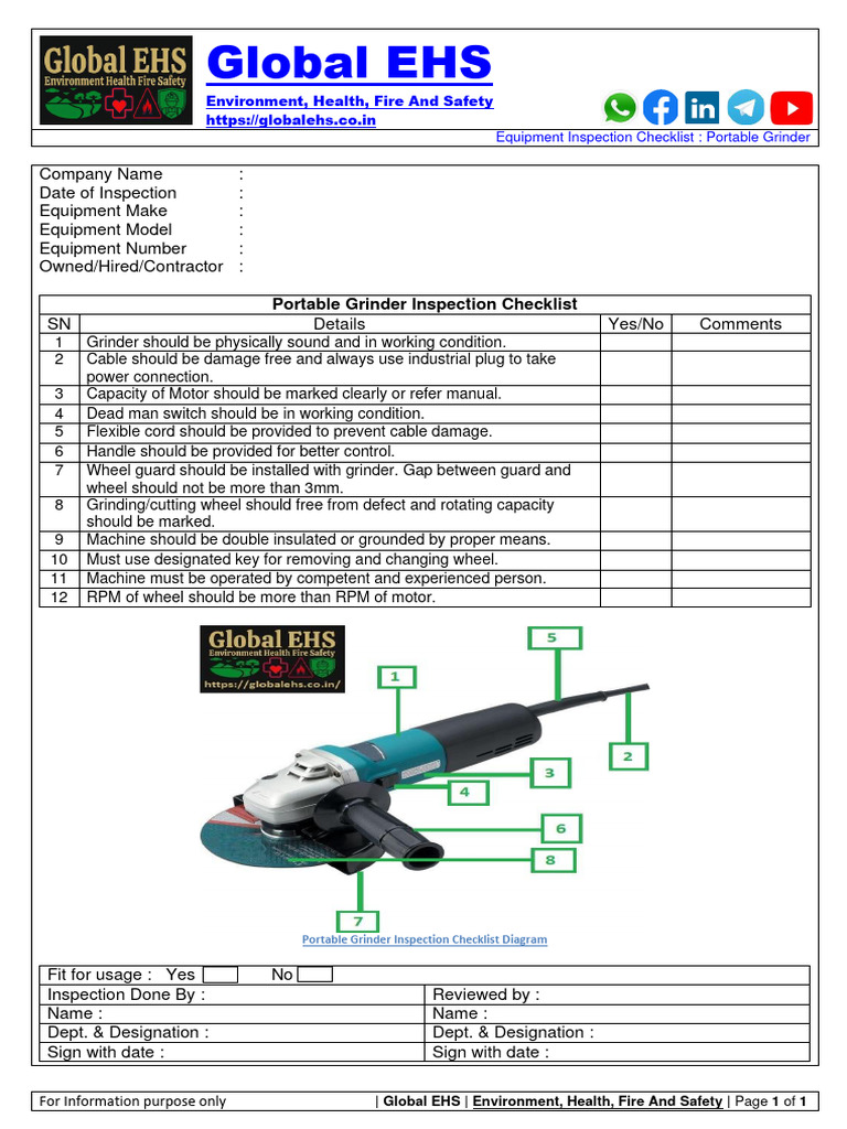 Portable Grinder Inspection Checklist PDF