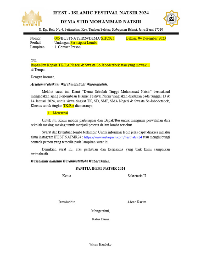 Contoh Surat Undangan Peserta Lomba (TK) | PDF