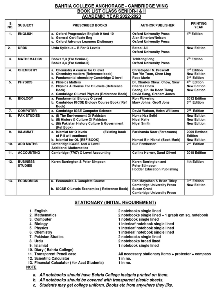 Bahria College Anchorage Book List 2022-23 | PDF