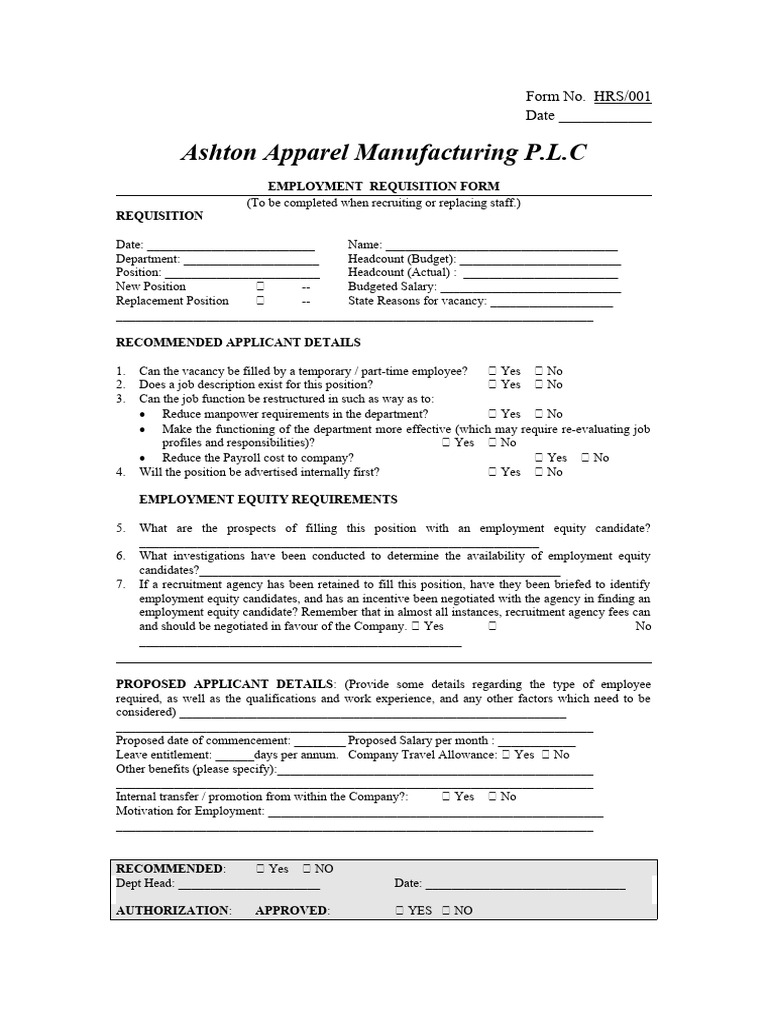 HRS001 Employment Requisition 1 | PDF | Employment | Human Resources