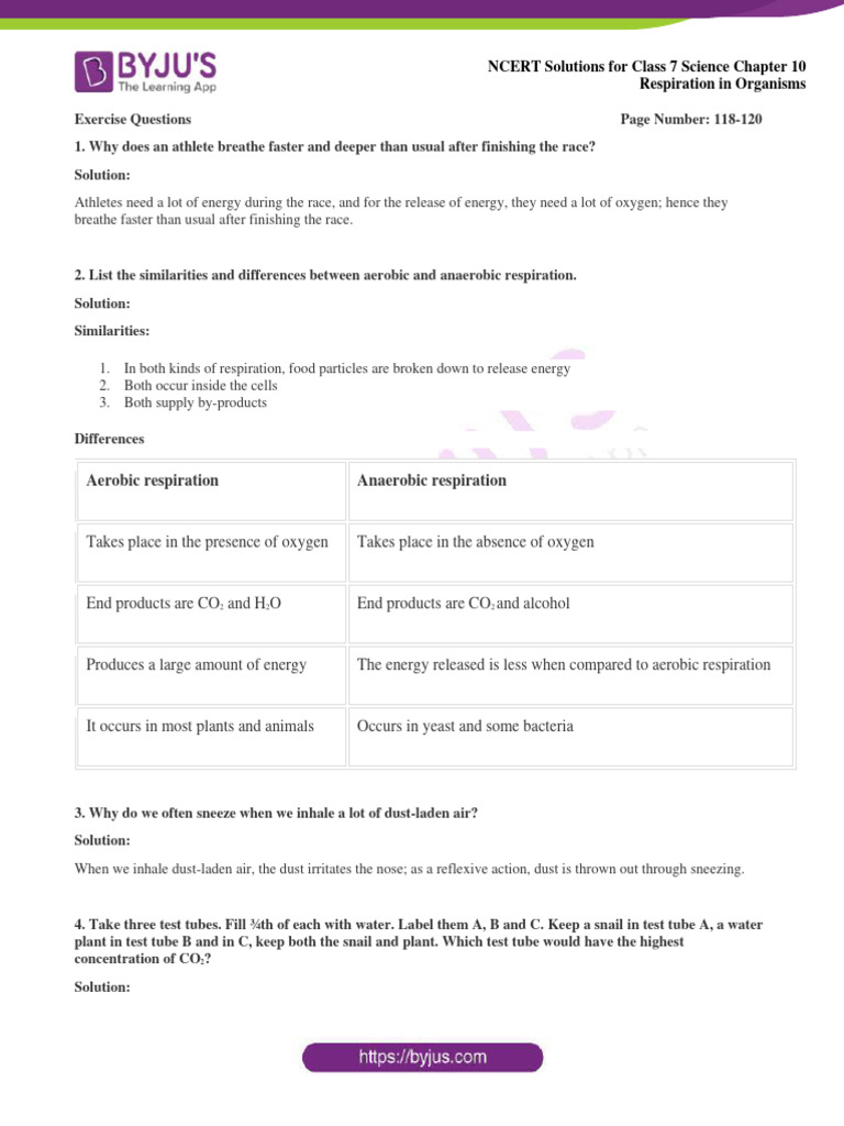 NCERT Solutions For Class 7 March 31 Science Chapter 10 Respiration in ...