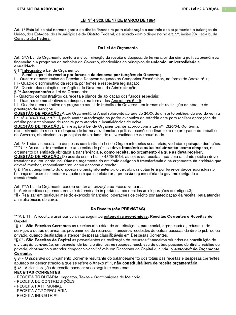 LRF - Lei Nº 4320 de 64 | PDF | Orçamento | Orçamento governamental