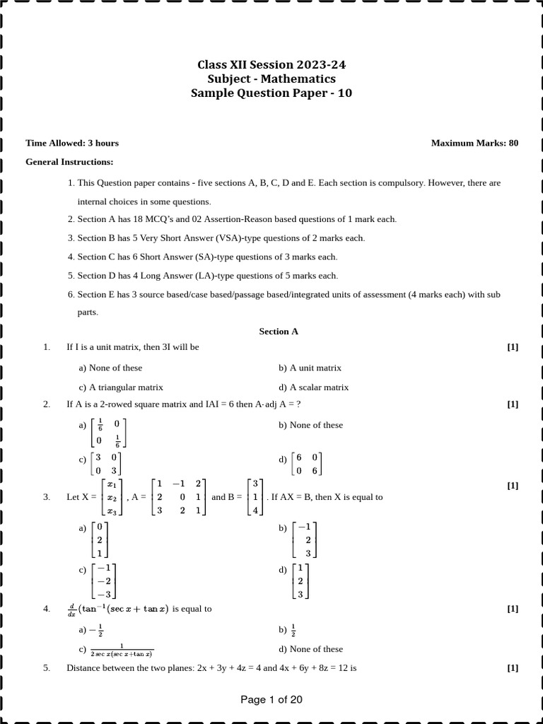 Sample Paper - 10 | PDF | Matrix (Mathematics) | Geometry