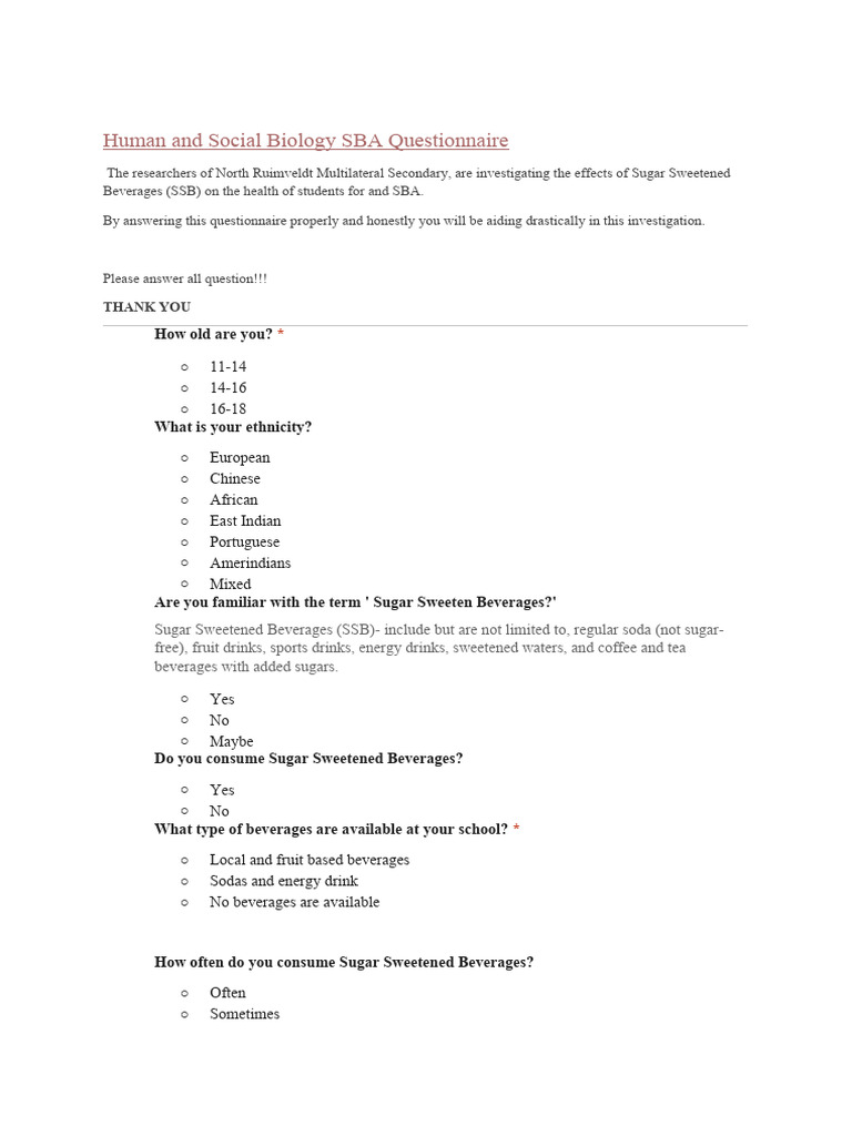 Human and Social Biology SBA Questionnaire | PDF