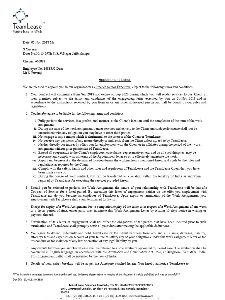 6 month contract job offer letter