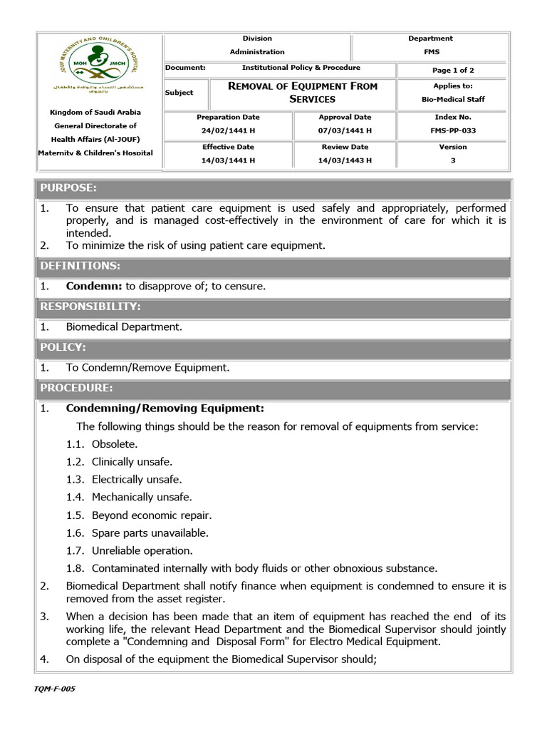 Equipment Removal Policy for Bio-Medical Staff | PDF | Health Care ...