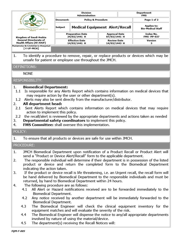 Medical Equipment Recall Procedures | PDF