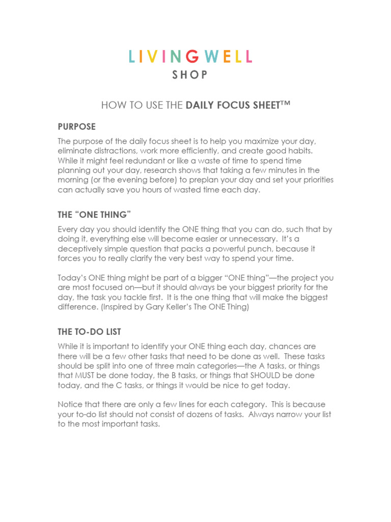 How to Use the Daily Focus Sheet | PDF | Time Management | Professional