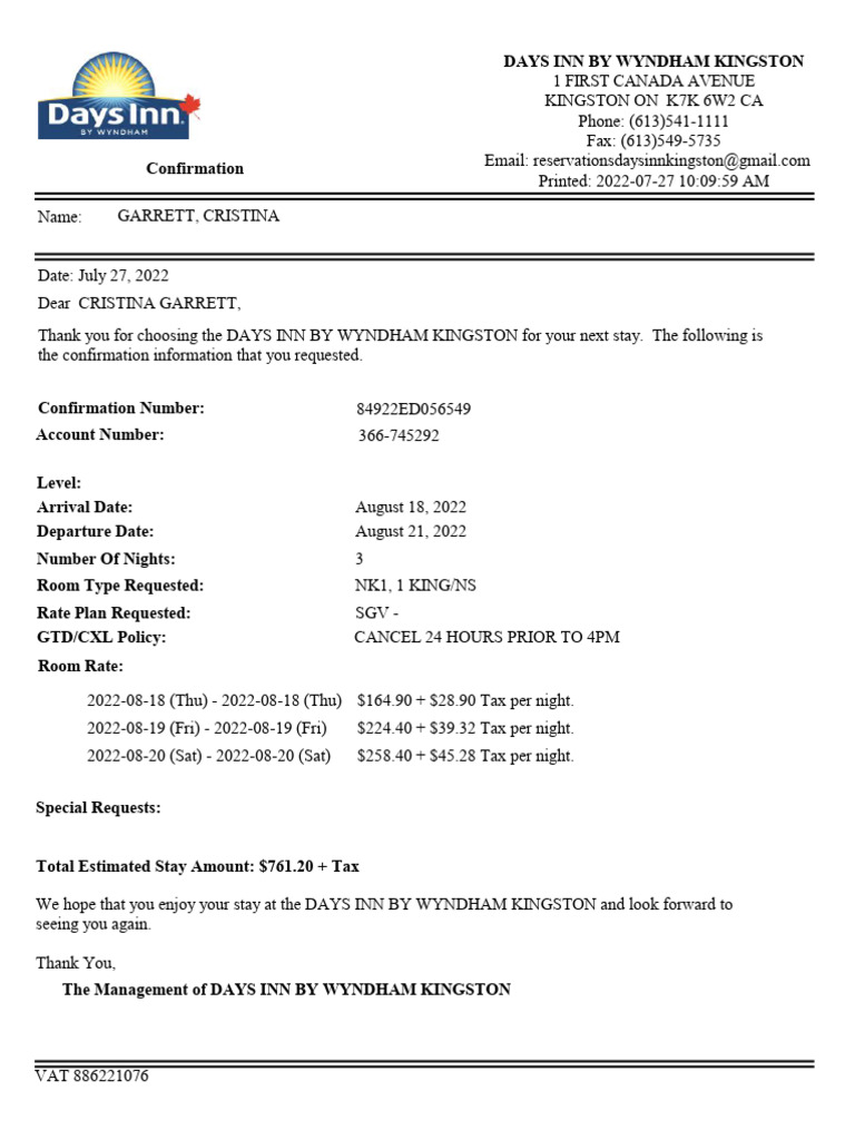 Days Inn Kingston Booking Confirmation | PDF