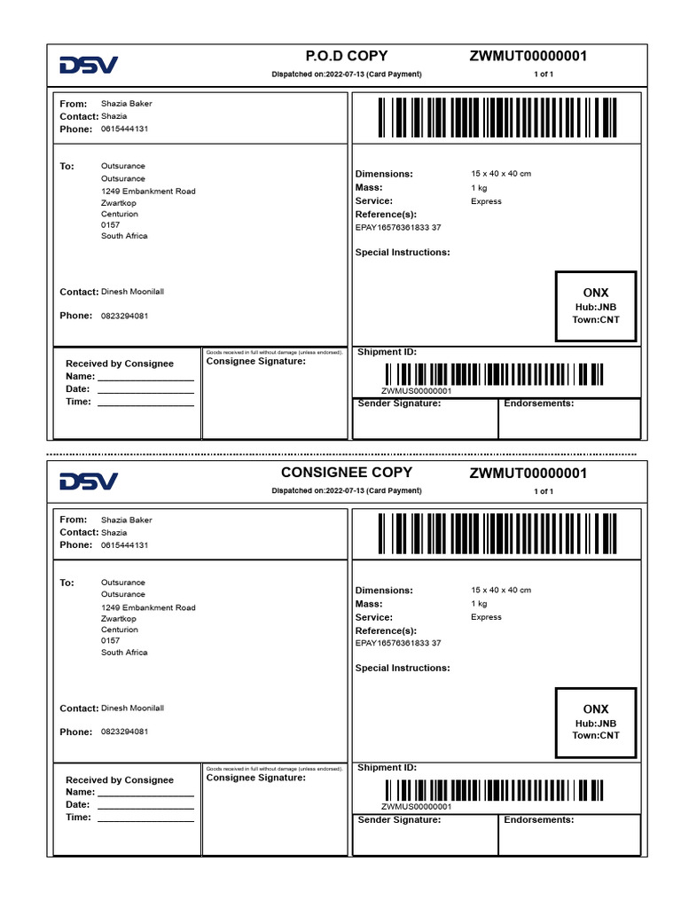 Express Shipment P.O.D. Copy | PDF