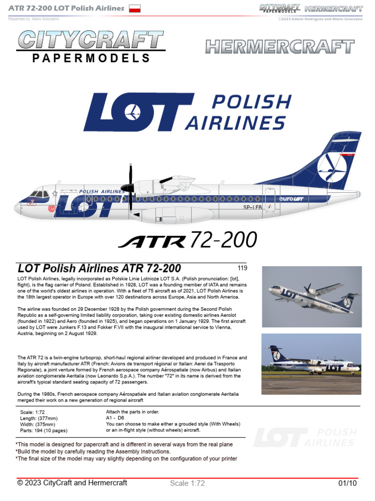 ATR 72-200 LOT Polish Airlines Papercraft Model | PDF | Aircraft ...