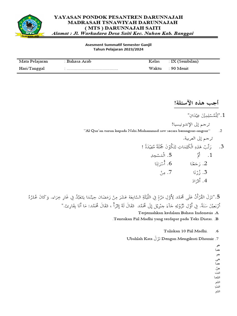 Soal PTS Bahasa Arab Kelas 9 Semester 1 2021-2022 | PDF