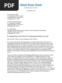 Senate Letter To Admin On 45V Hydrogen PTC