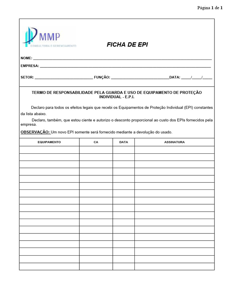 Ficha de EPI e Termo de Responsabilidade | PDF
