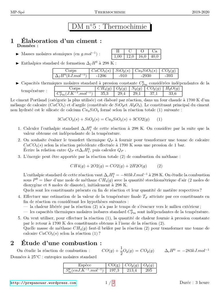 Calculs en Thermochimie du Ciment | PDF | Enthalpie | Réactions chimiques