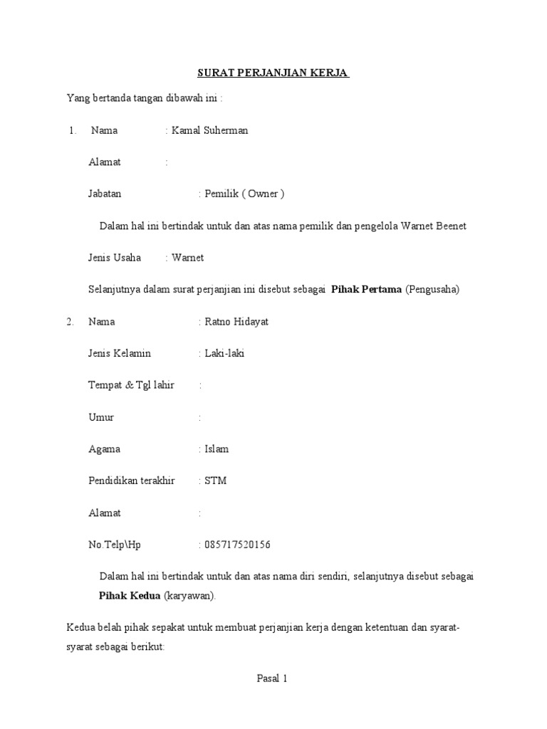 Contoh Surat Perjanjian Kerja Pdf