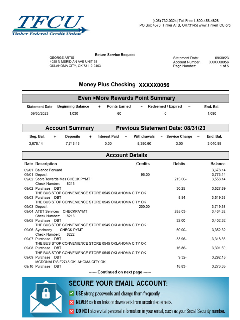 Tinker FCU Account Statement Summary | PDF | Debit Card | Cheque