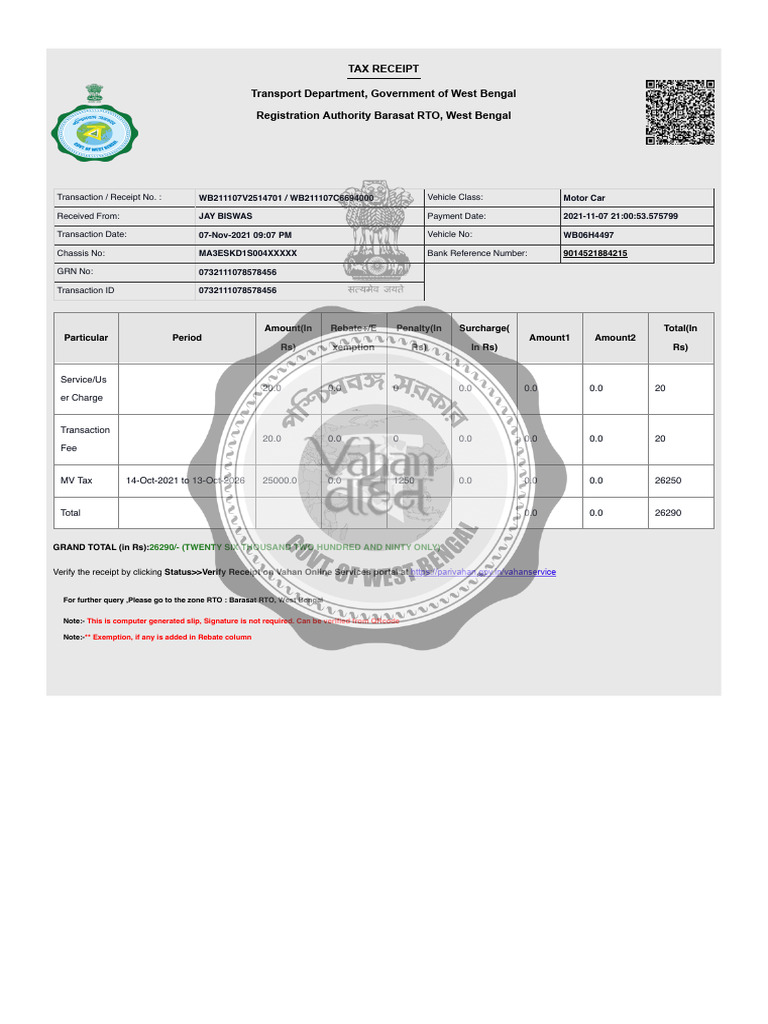 Barasat RTO Tax Receipt Details | PDF | Receipt | Fee