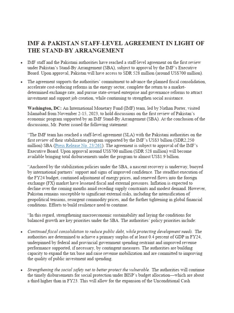 Imf & Pakistan StaffLevel Agreement in Light of The StandBy