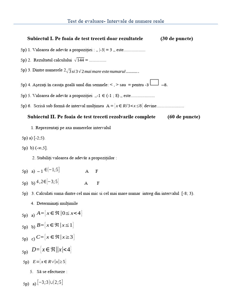 Test Intervale de Numere Reale | PDF