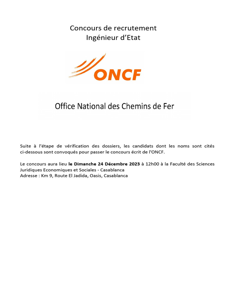 Concours ONCF : Ingénieurs convoqués | PDF