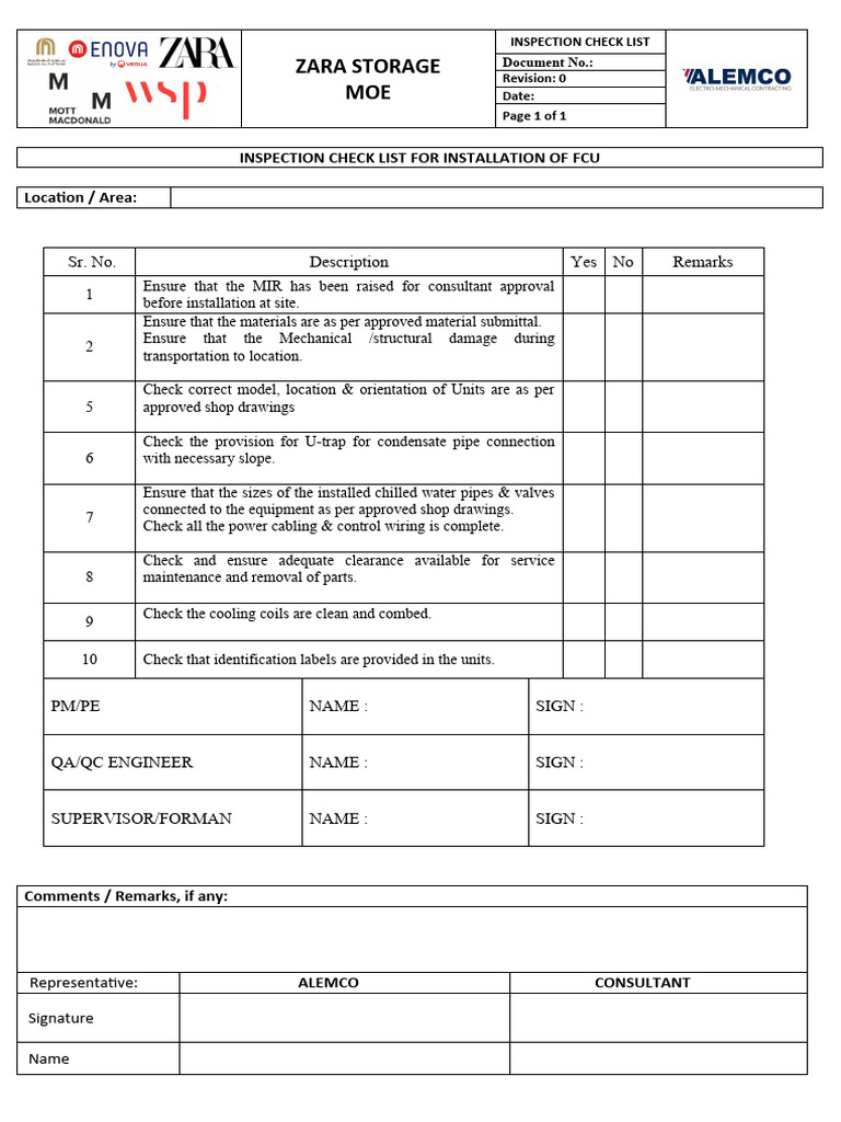Inspection Check List For Installation of Fcu | PDF
